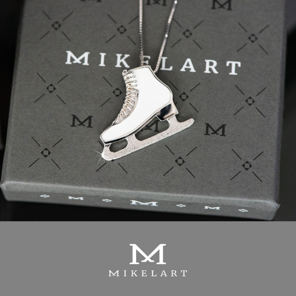 Mikelart Silver Necklace with Figure Skates Pendant in White Enamel, large